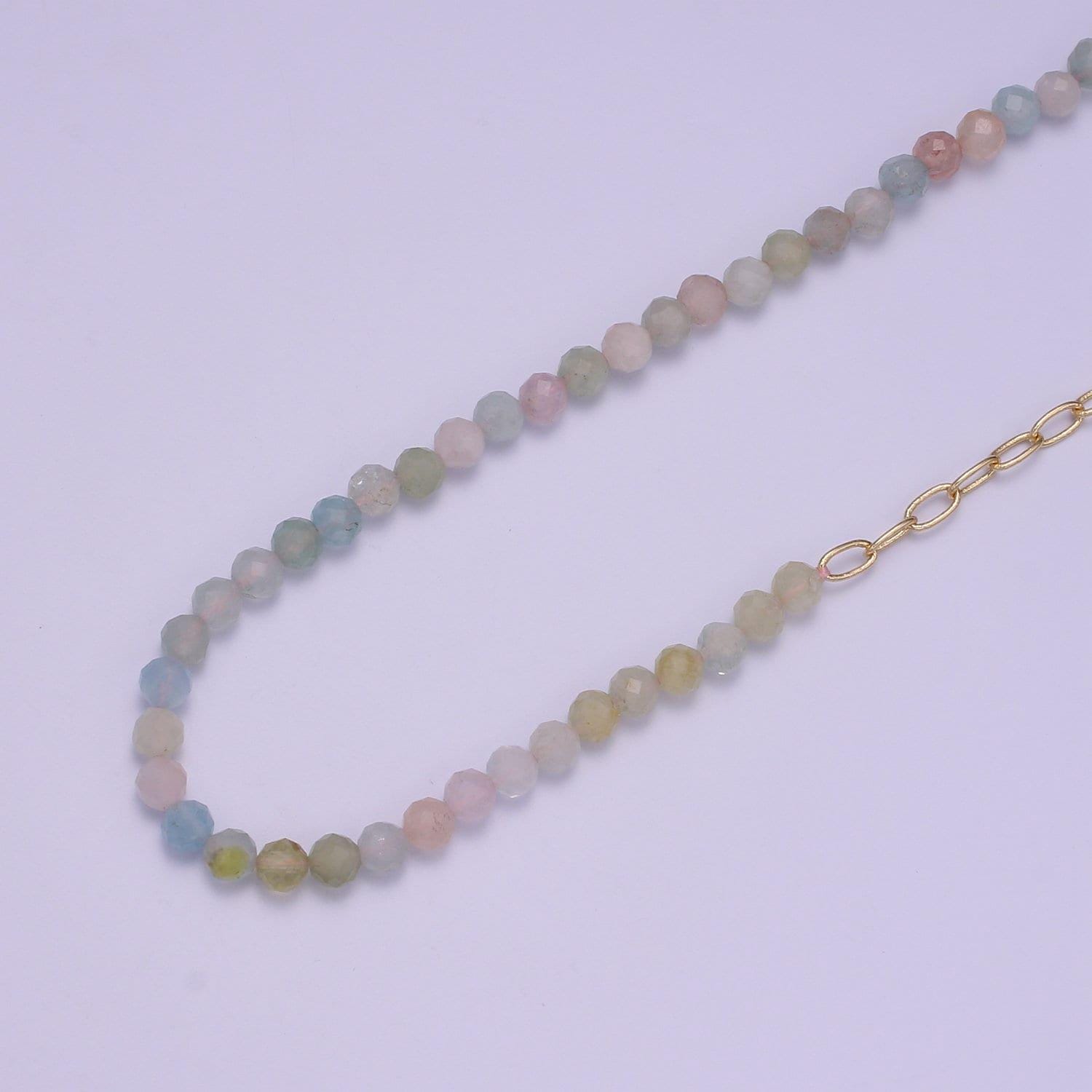Dainty half morganite metal oval link chain necklace, beaded necklace, 18 inch necklace mix metal beaded gold chain, wa026