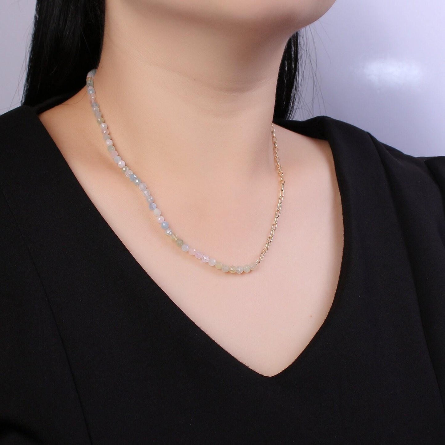 Dainty half morganite metal oval link chain necklace, beaded necklace, 18 inch necklace mix metal beaded gold chain, wa026