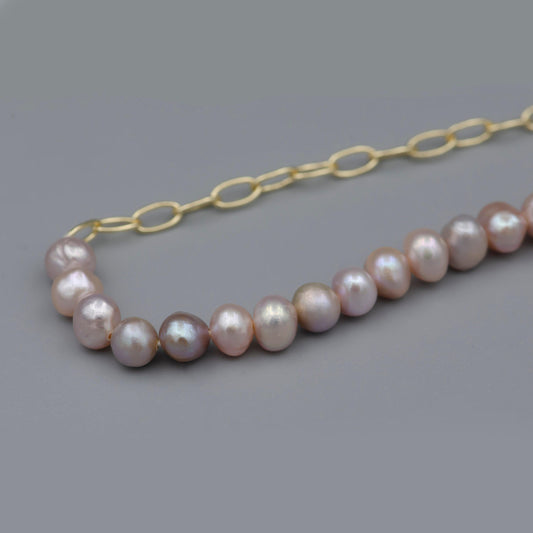 Natural freshwater pearl necklace pink pearl jewelry for women wedding necklace half chain and halff pearl necklace mix chain