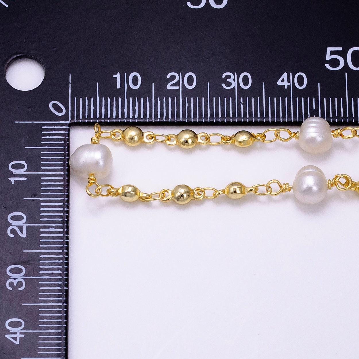 14k gold filled pearl triple bead pattern link unfinished chain | roll-1508