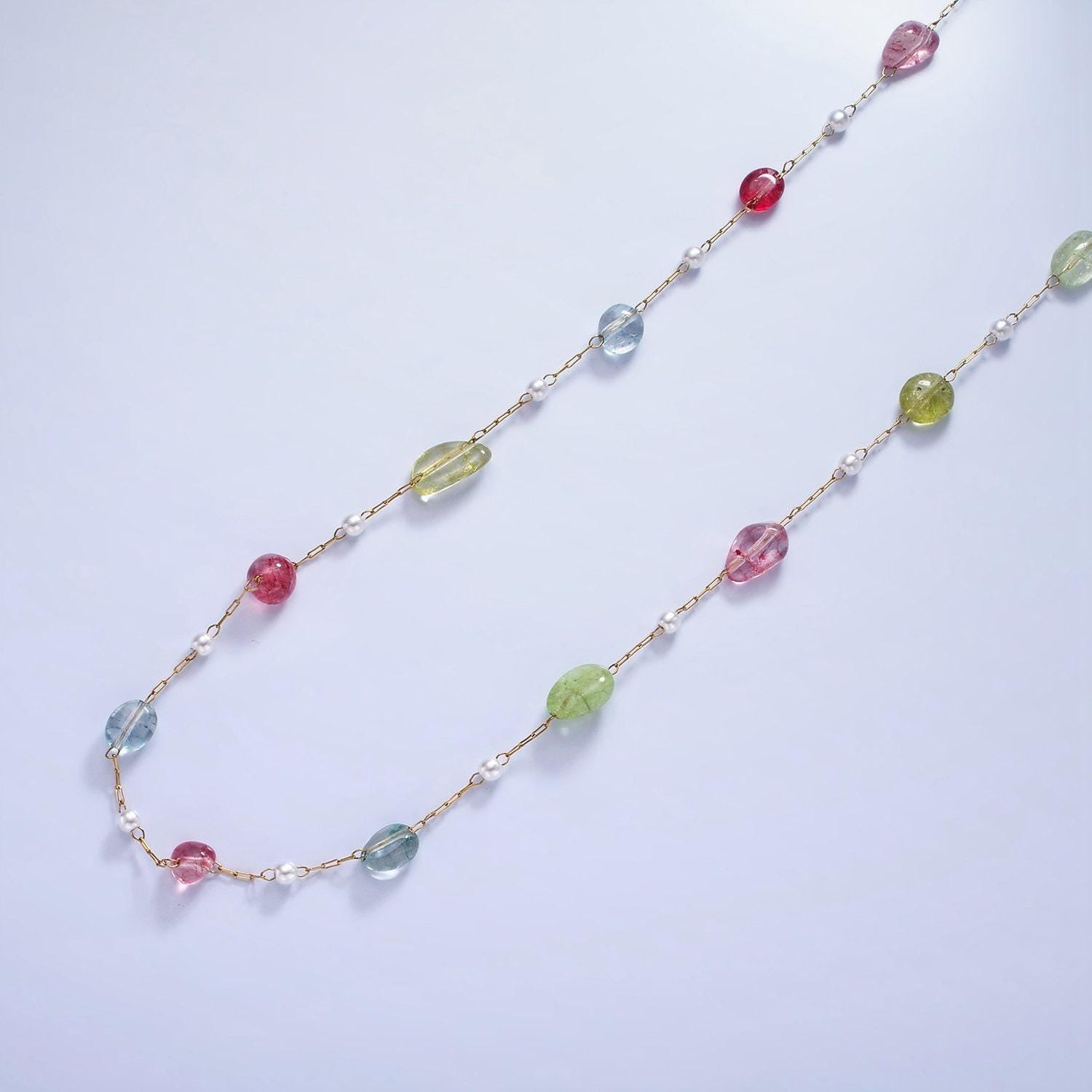 Colorful gemstone pearl beaded chain on gold rosary paperclip chain by yard | roll-1505