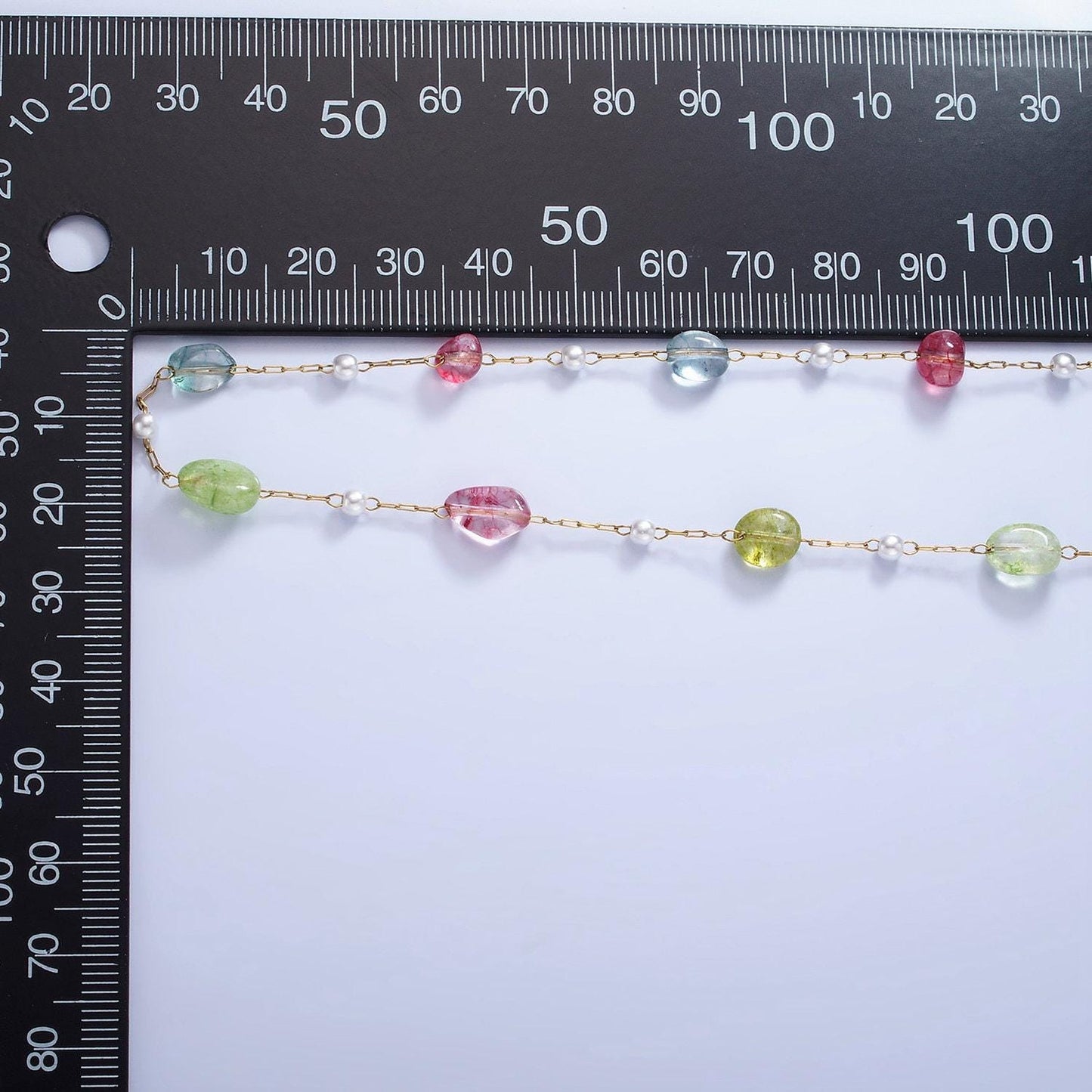 Colorful gemstone pearl beaded chain on gold rosary paperclip chain by yard | roll-1505