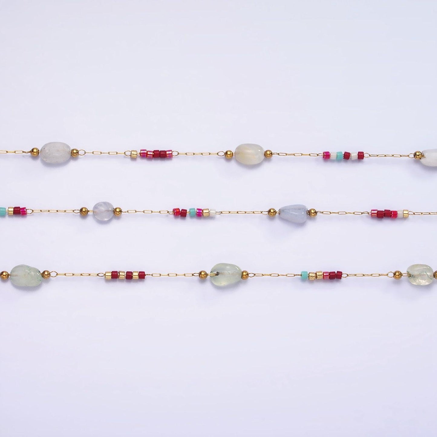 Dainty rosary chain with natural gemstone beaded by yard stainless steel in gold | roll-1498 1503