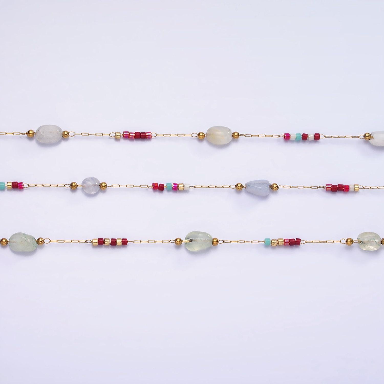 Dainty rosary chain with natural gemstone beaded by yard stainless steel in gold | roll-1498 1503
