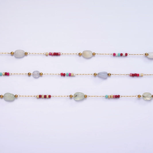 Dainty rosary chain with natural gemstone beaded by yard stainless steel in gold | roll-1498 1503