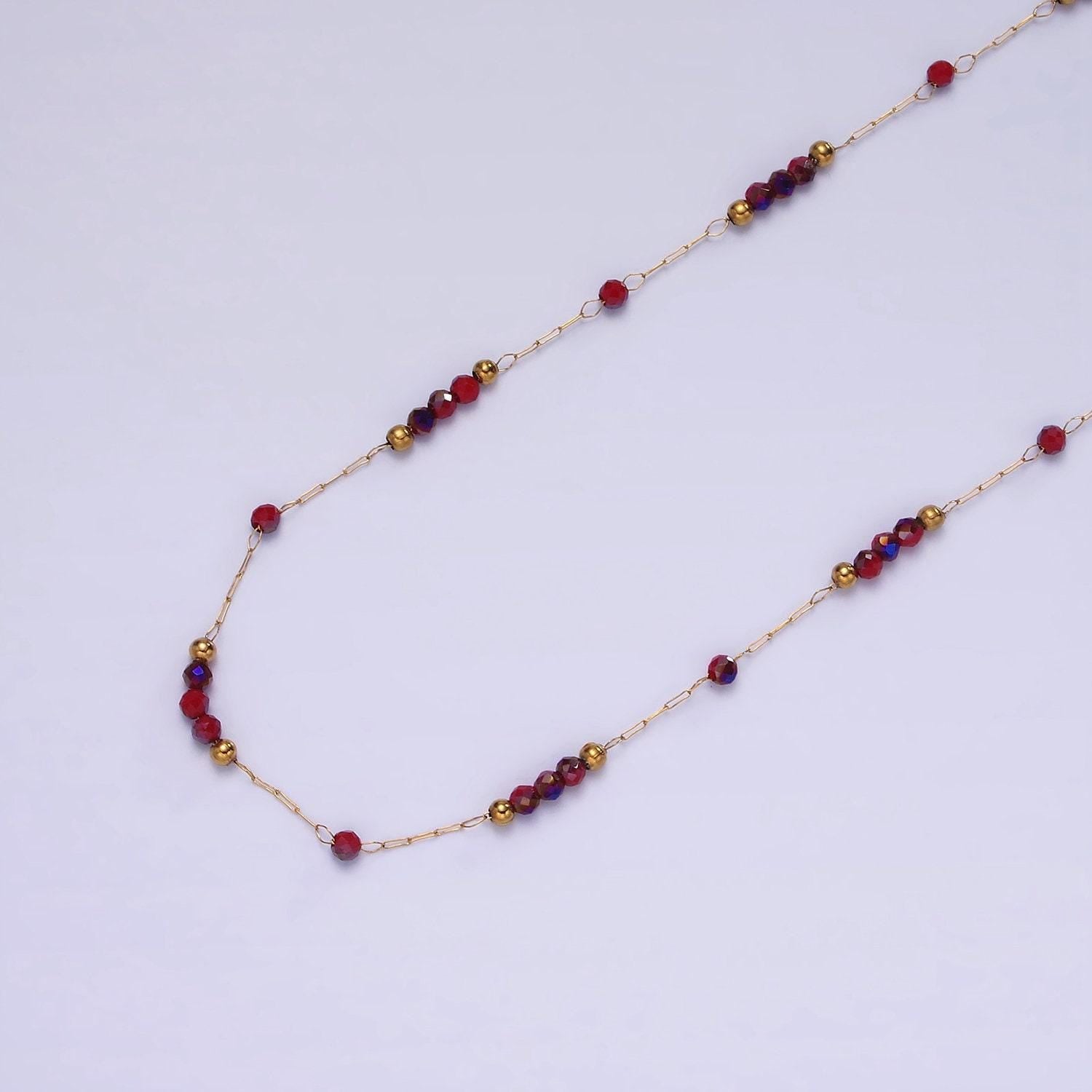 Dainty gold red beaded chain for jewelry making gold satellite crystal bead chain by yard | roll-1496 roll-1497