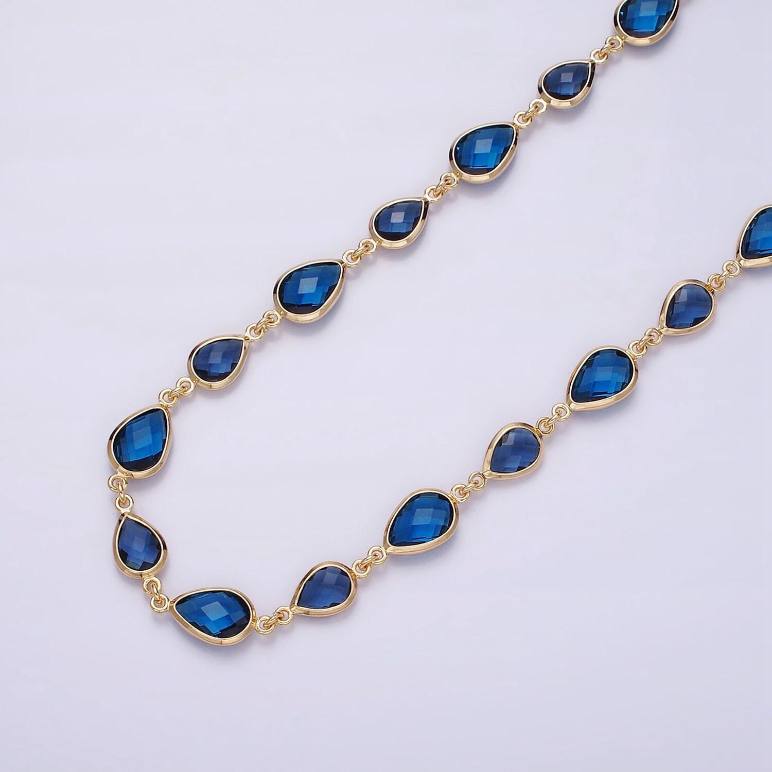 18k gold filled brown, purple, blue, green cz multifaceted teardrop designed unfinished chain | roll-1430 ~ roll-1433