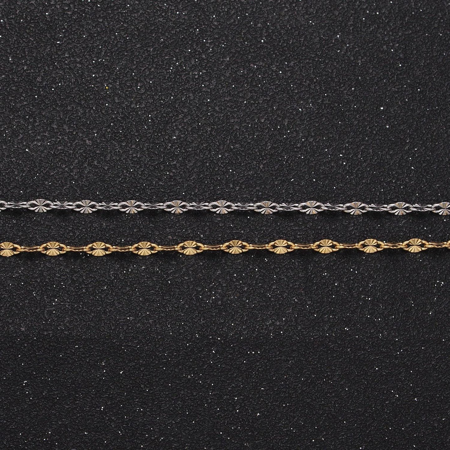 Dainty stainless steel sunburst cable link 2.3mm unfinished textured jewelry making lead nickel free tarnish resistant | roll-1350 roll-1351