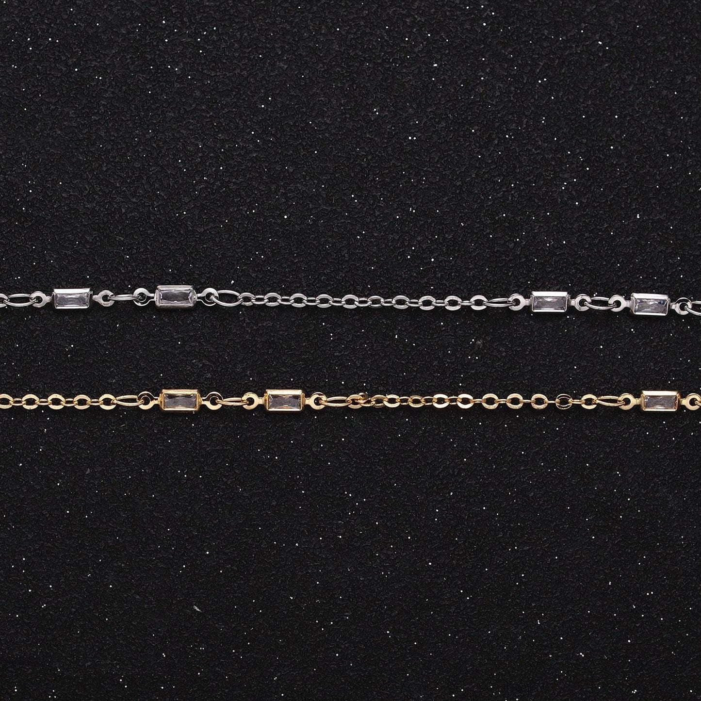 Fine chain 16k gold filled 2.5mm cz double clear baguette cable link unfinished chain in gold & silver | roll-1333 roll-1334