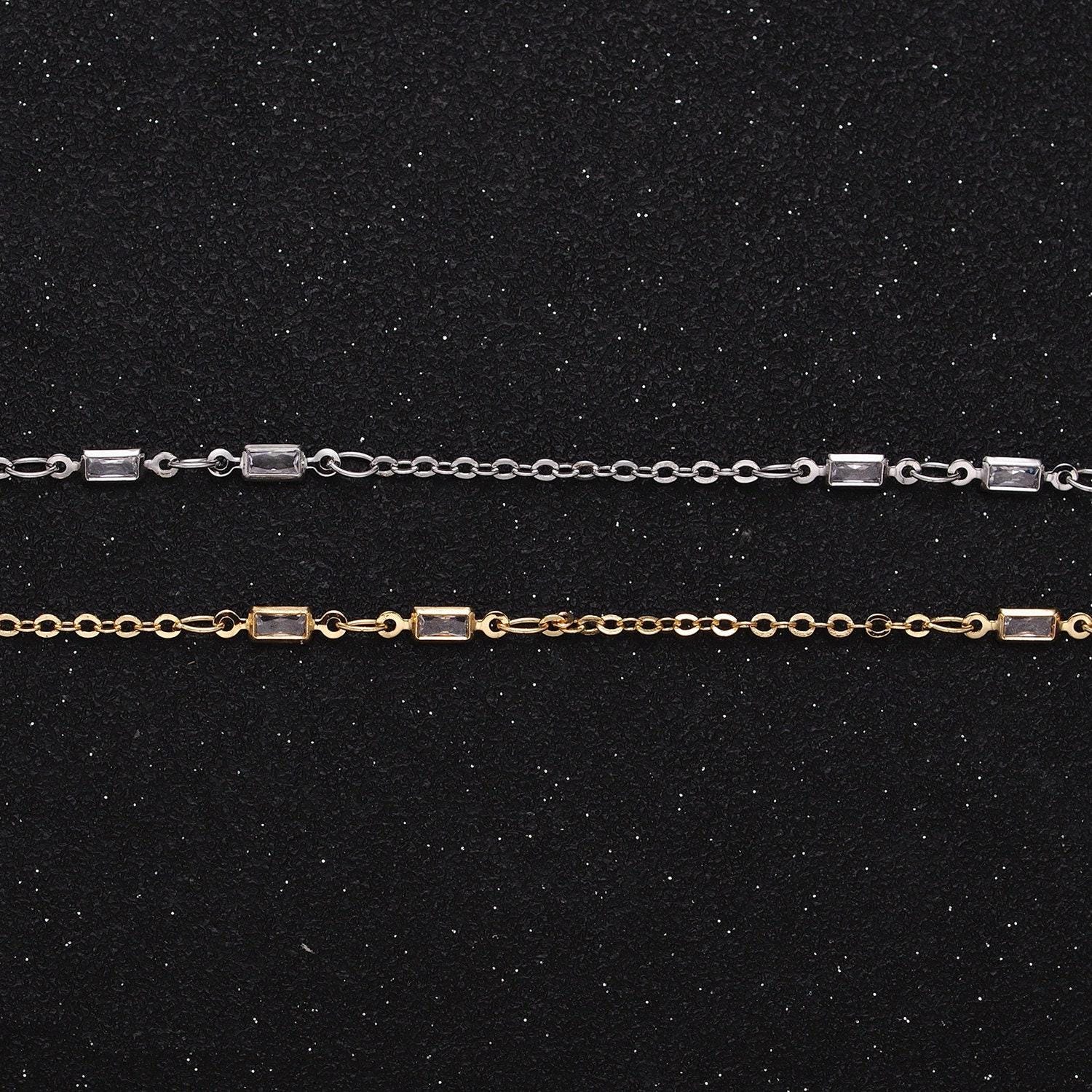 Fine chain 16k gold filled 2.5mm cz double clear baguette cable link unfinished chain in gold & silver | roll-1333 roll-1334