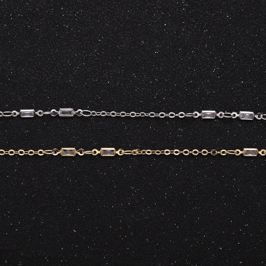 Fine chain 16k gold filled 2.5mm cz double clear baguette cable link unfinished chain in gold & silver | roll-1333 roll-1334