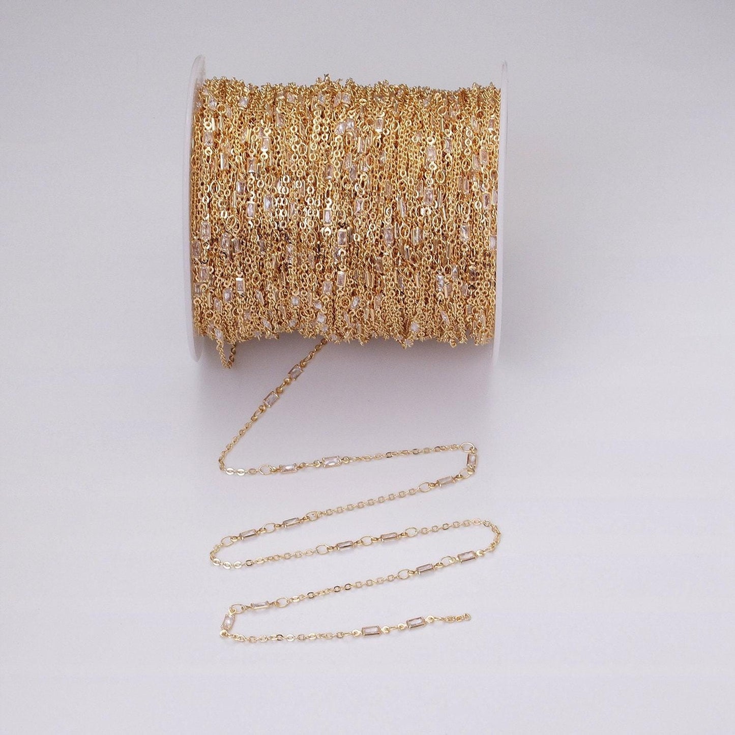 Fine chain 16k gold filled 2.5mm cz double clear baguette cable link unfinished chain in gold & silver | roll-1333 roll-1334