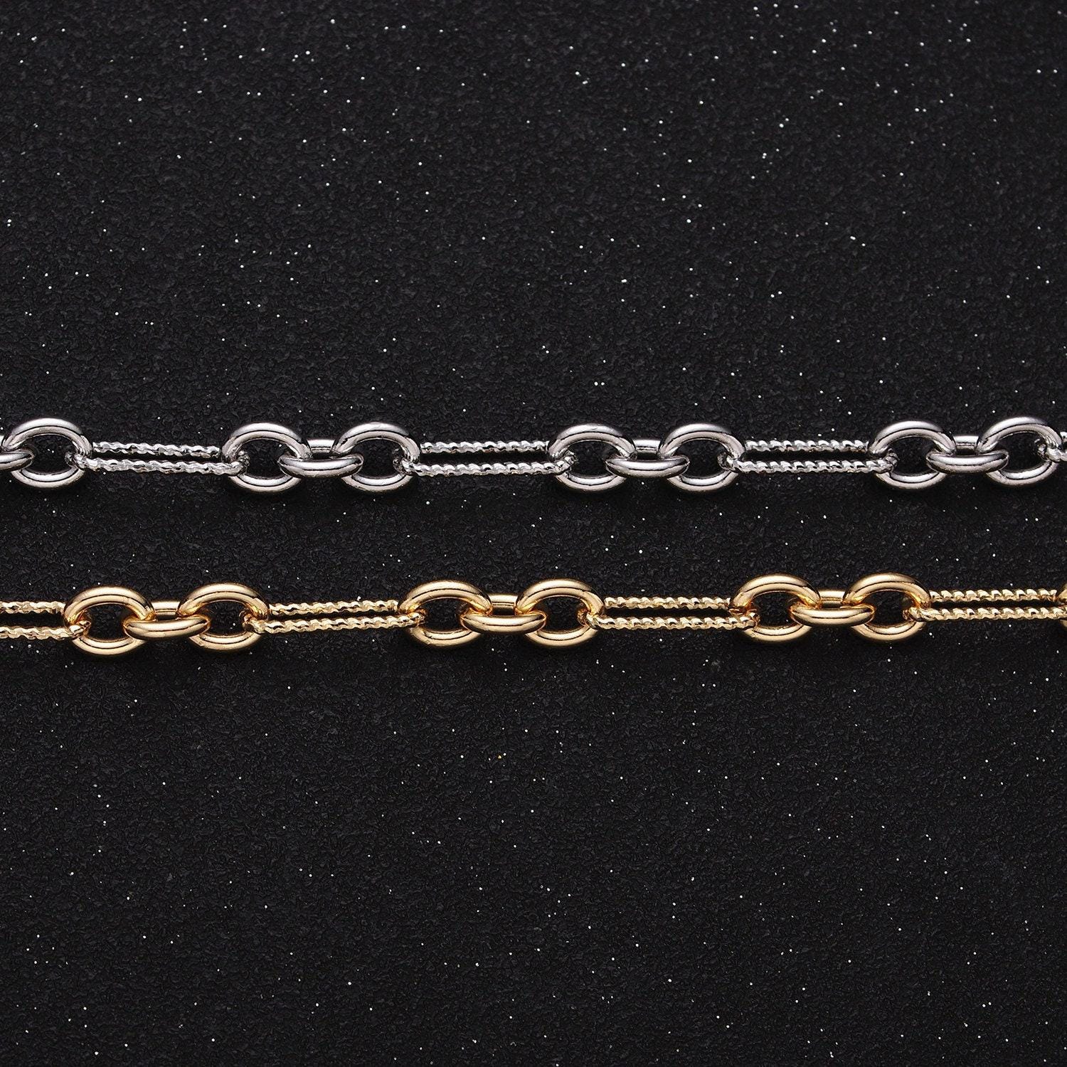 Chunky gold figaro chain by yard, link cable link elongate chain by yard, wholesale bulk roll chain jewelry making 6.2mm width, roll-1217