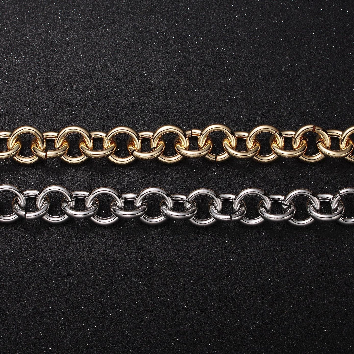 24k, white gold filled 13mm round rolo statement designed unfinished jewelry making chain in gold & silver by yard | roll-1189, roll-1190