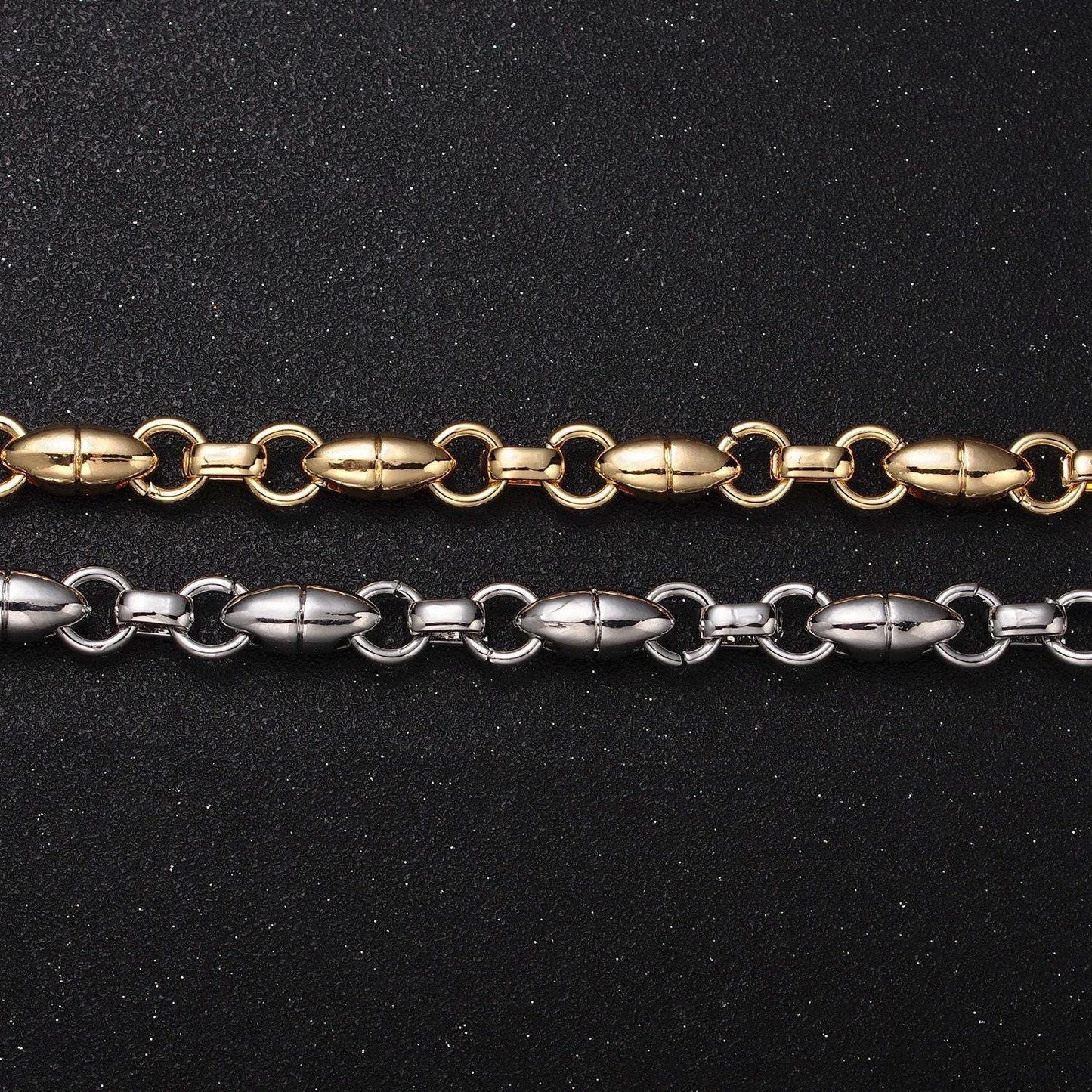 16k gold filled designed oval pill rolo link unfinished jewelry making statement chain by yard in gold & silver | roll-1167 roll-1168