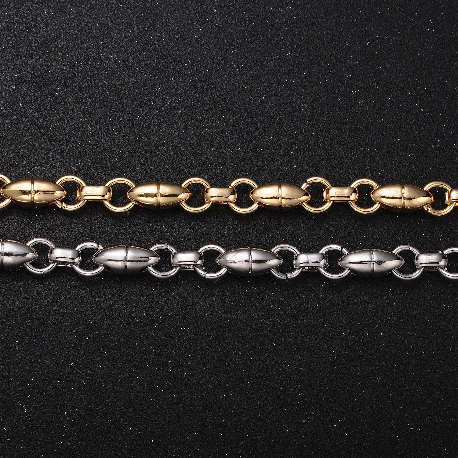 16k gold filled designed oval pill rolo link unfinished jewelry making statement chain by yard in gold & silver | roll-1167 roll-1168