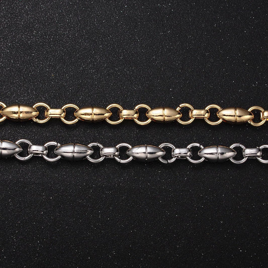 16k gold filled designed oval pill rolo link unfinished jewelry making statement chain by yard in gold & silver | roll-1167 roll-1168
