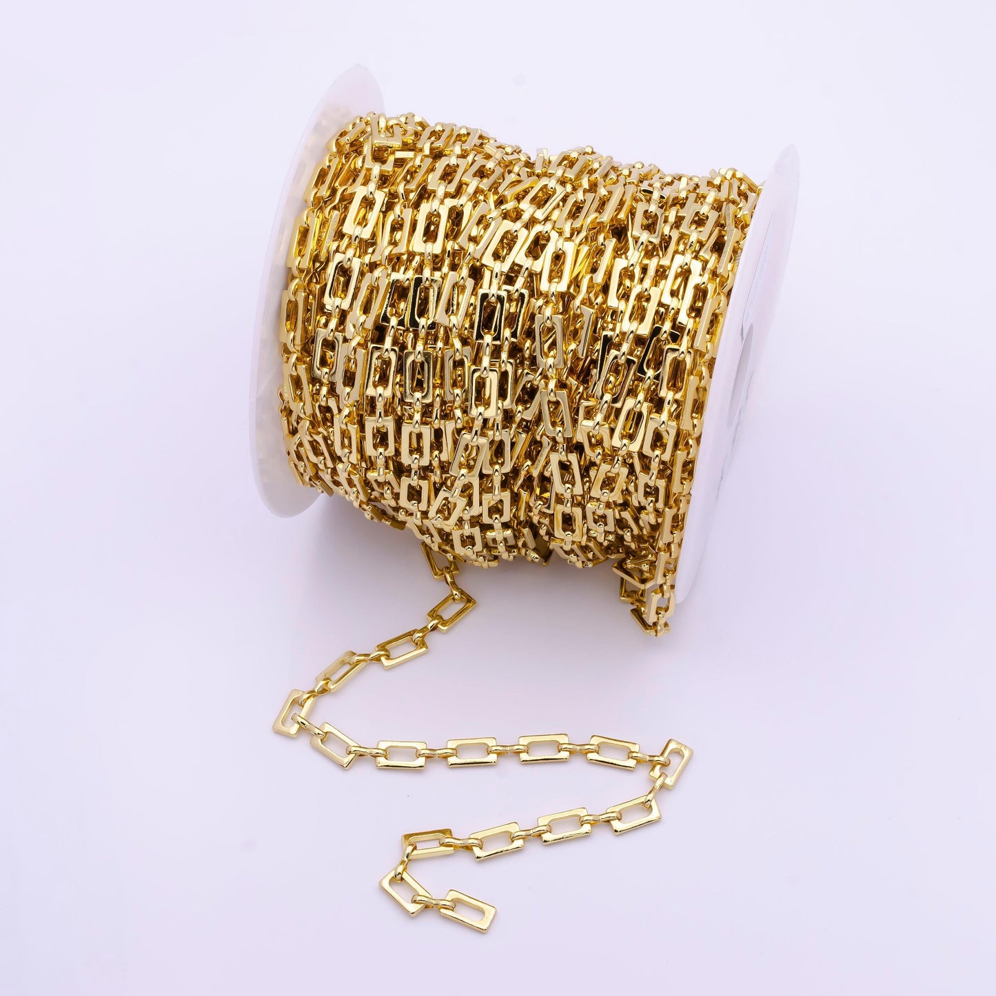 24k gold rectangular paper clip chain by yard, elongated chain wholesale bulk roll chain for jewelry making | roll-815