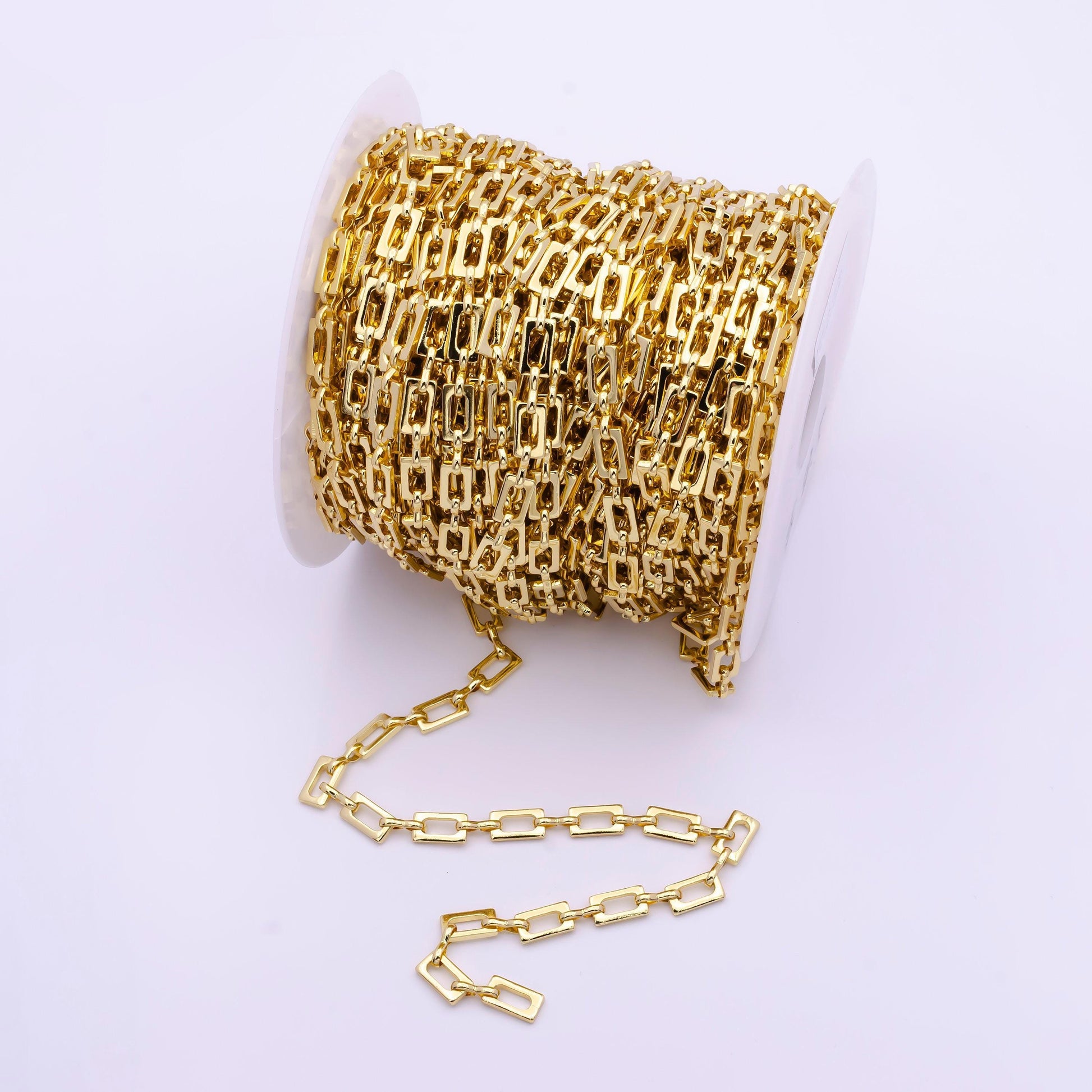 24k gold rectangular paper clip chain by yard, elongated chain wholesale bulk roll chain for jewelry making | roll-815
