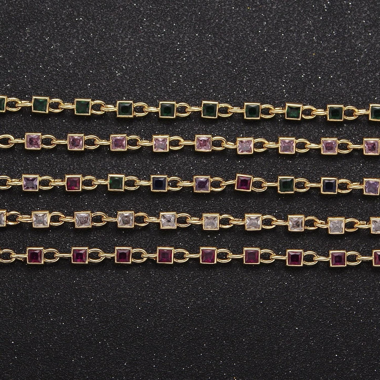 4.0mm 24k gold filled square bezel link unsoldered cut cubic zirconia cz chain by yard bulk wholesale | roll-758, -759, -760, -761, -777