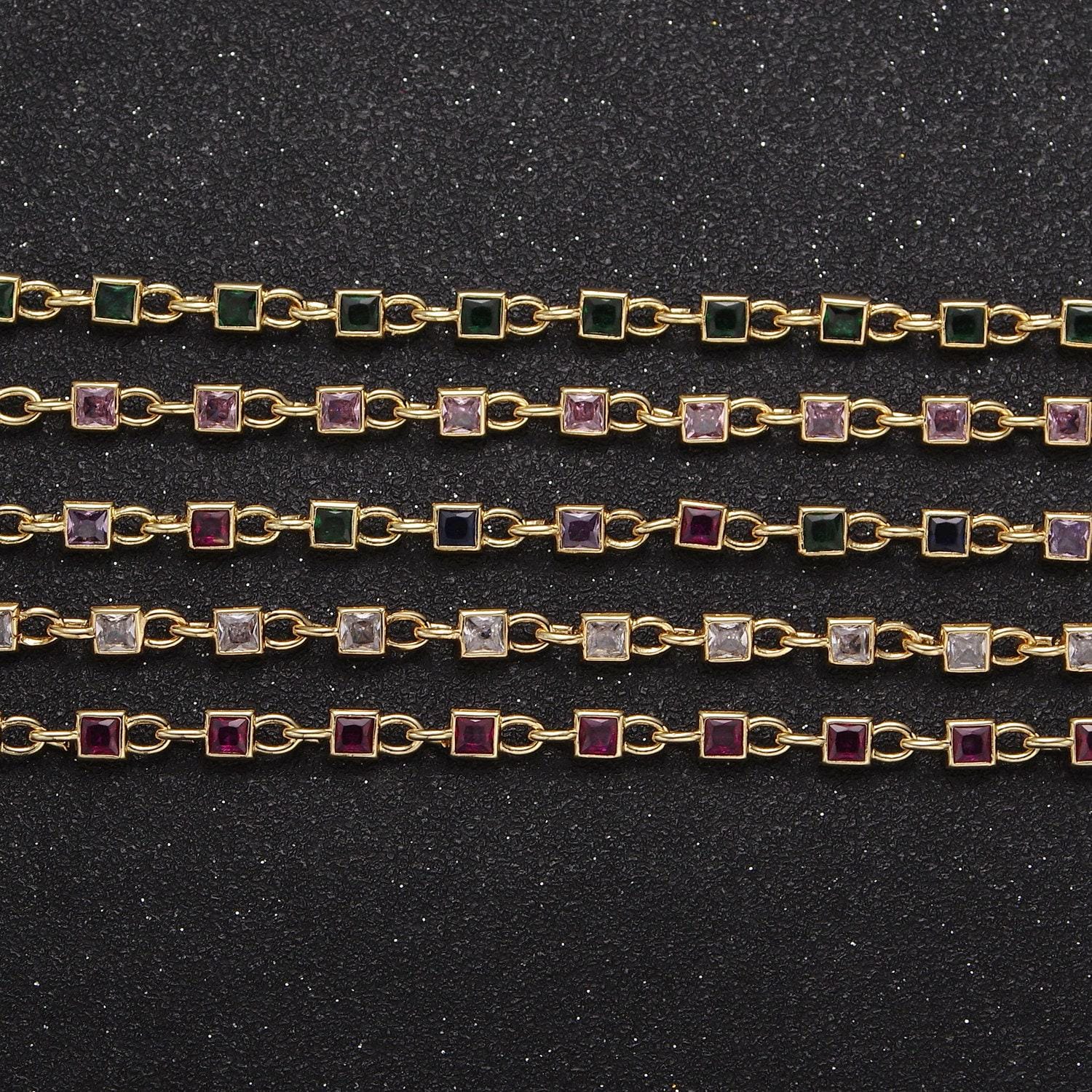 4.0mm 24k gold filled square bezel link unsoldered cut cubic zirconia cz chain by yard bulk wholesale | roll-758, -759, -760, -761, -777