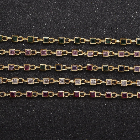 4.0mm 24k gold filled square bezel link unsoldered cut cubic zirconia cz chain by yard bulk wholesale | roll-758, -759, -760, -761, -777
