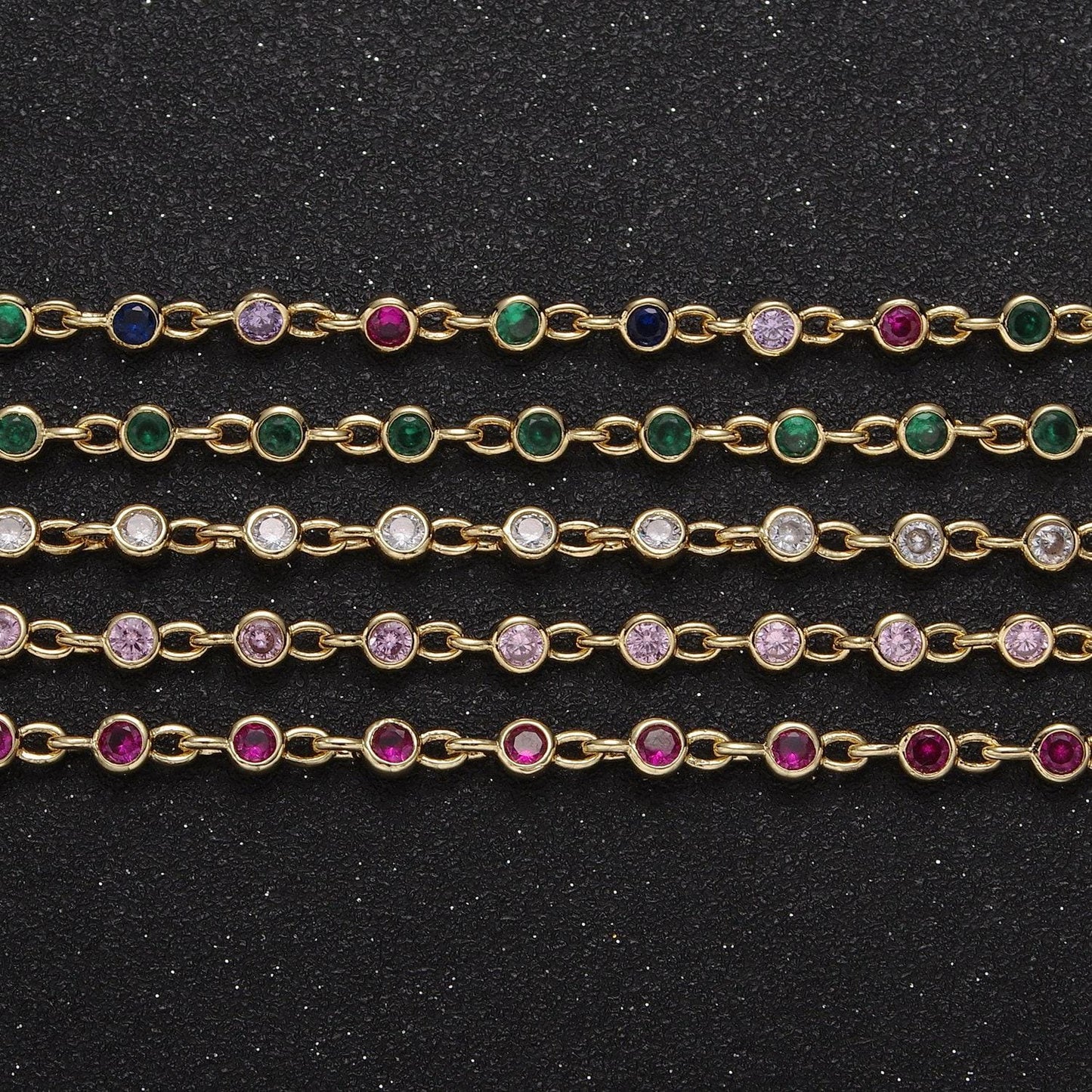 4mm round bezel unsoldered cut cubic zirconia cz beaded chain by yard gold filled bezel connector | roll-747, -748, -749, -773