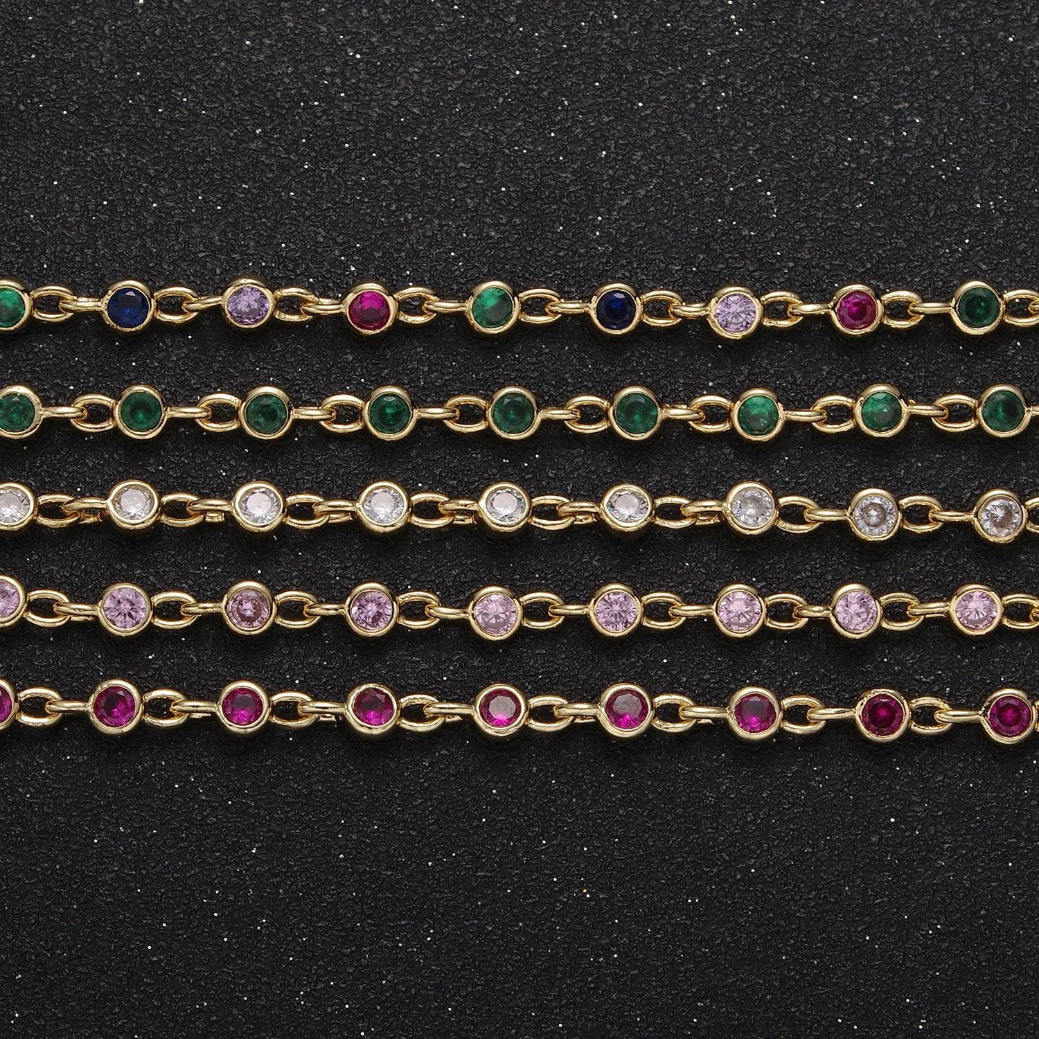 4mm round bezel unsoldered cut cubic zirconia cz beaded chain by yard gold filled bezel connector | roll-747, -748, -749, -773
