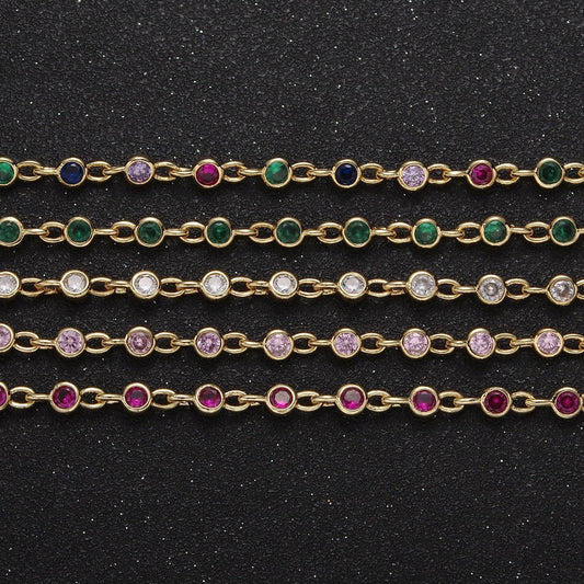 4mm round bezel unsoldered cut cubic zirconia cz beaded chain by yard gold filled bezel connector | roll-747, -748, -749, -773