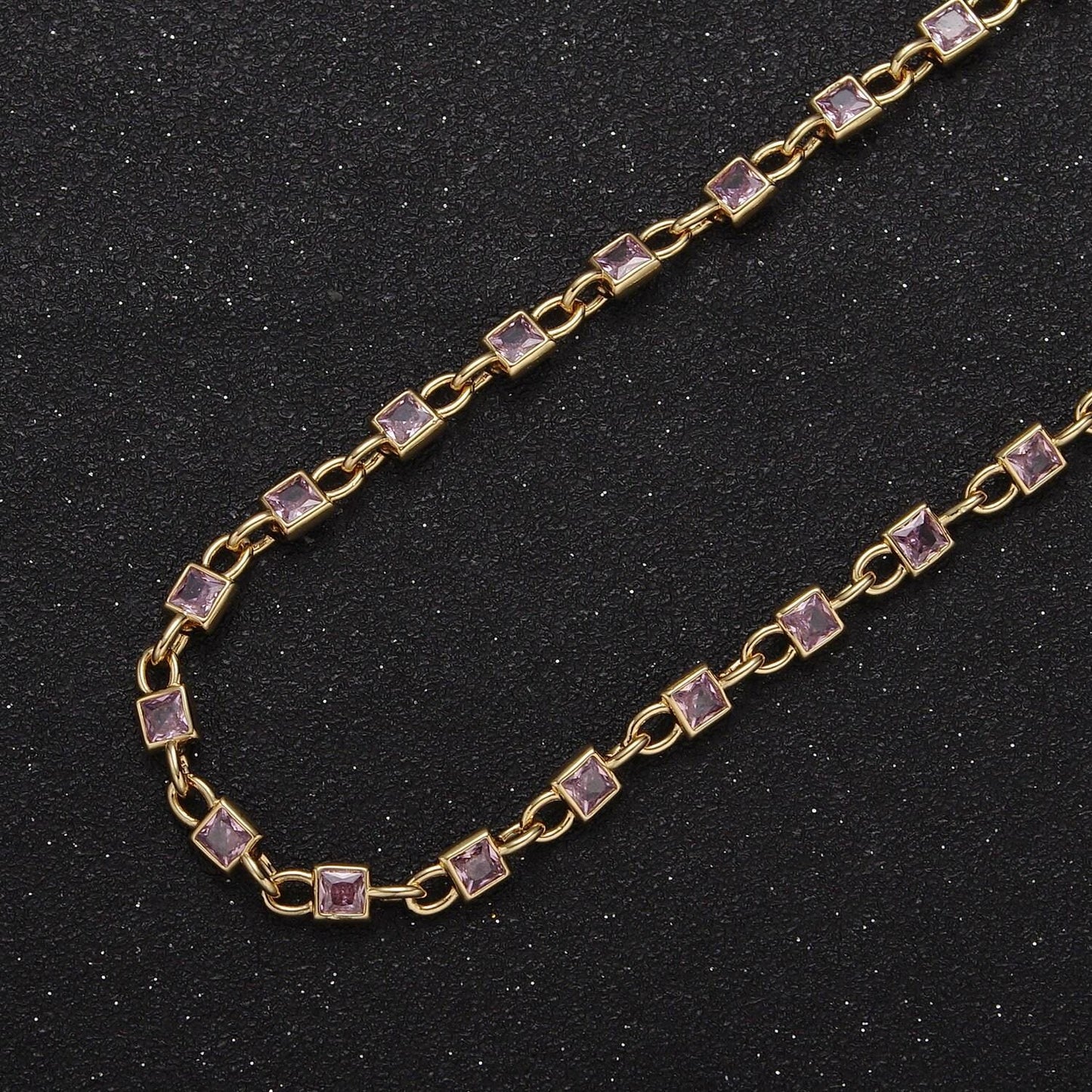 4.0mm 24k gold filled square bezel link unsoldered cut cubic zirconia cz chain by yard bulk wholesale | roll-758, -759, -760, -761, -777