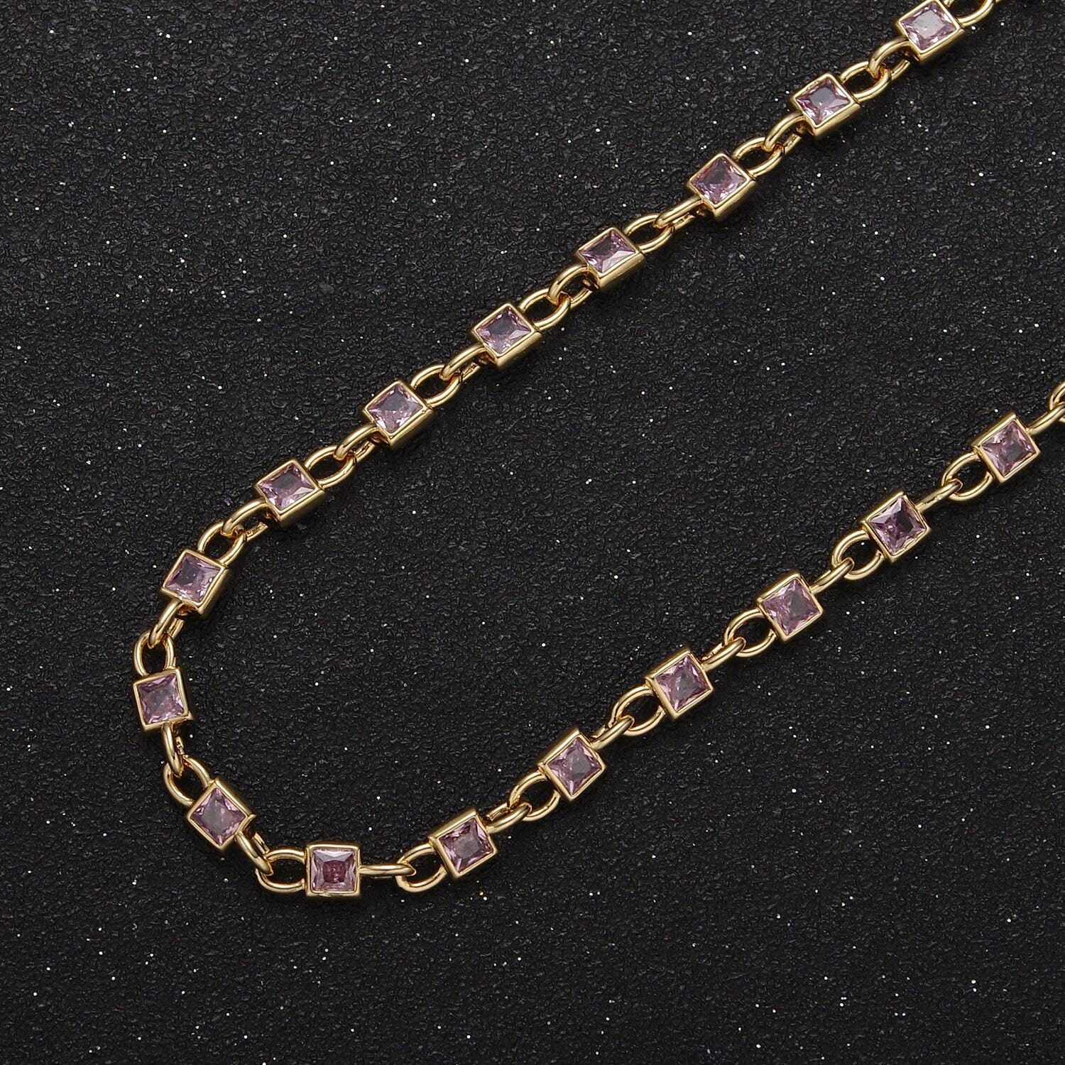 4.0mm 24k gold filled square bezel link unsoldered cut cubic zirconia cz chain by yard bulk wholesale | roll-758, -759, -760, -761, -777