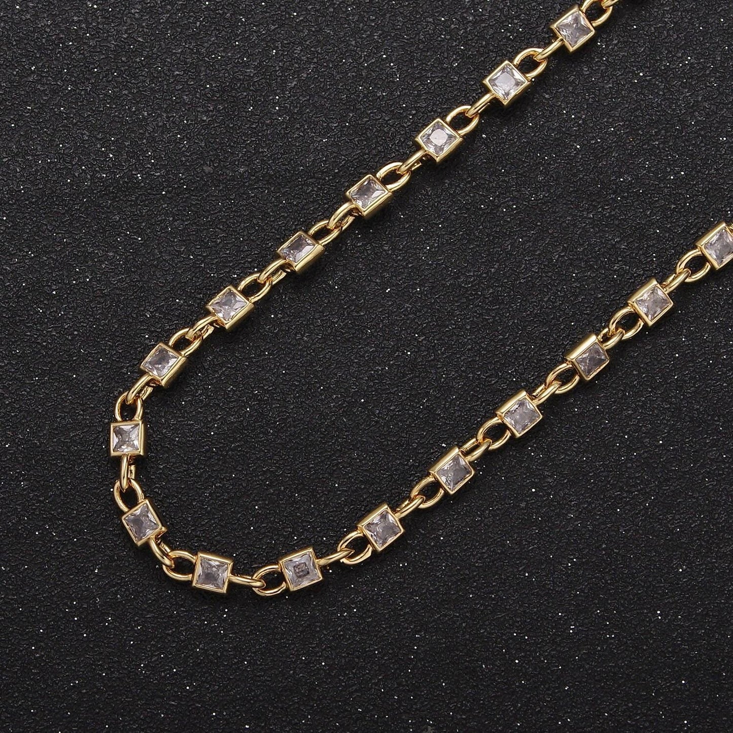 4.0mm 24k gold filled square bezel link unsoldered cut cubic zirconia cz chain by yard bulk wholesale | roll-758, -759, -760, -761, -777