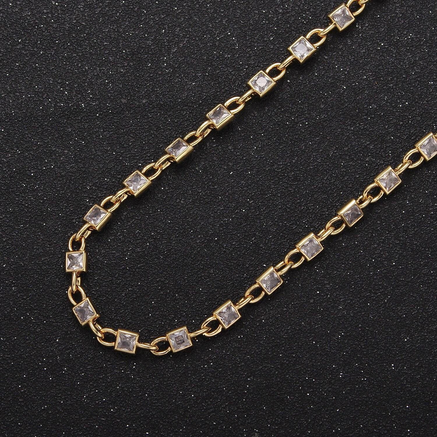 4.0mm 24k gold filled square bezel link unsoldered cut cubic zirconia cz chain by yard bulk wholesale | roll-758, -759, -760, -761, -777