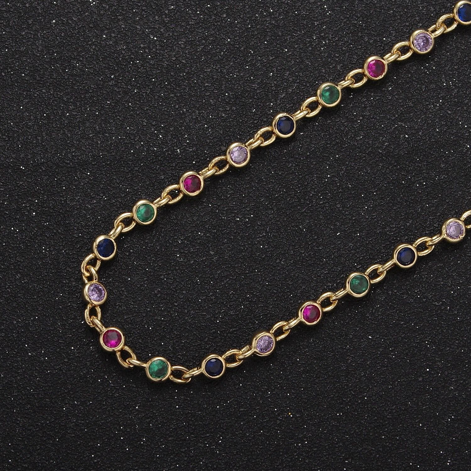 4mm round bezel unsoldered cut cubic zirconia cz beaded chain by yard gold filled bezel connector | roll-747, -748, -749, -773