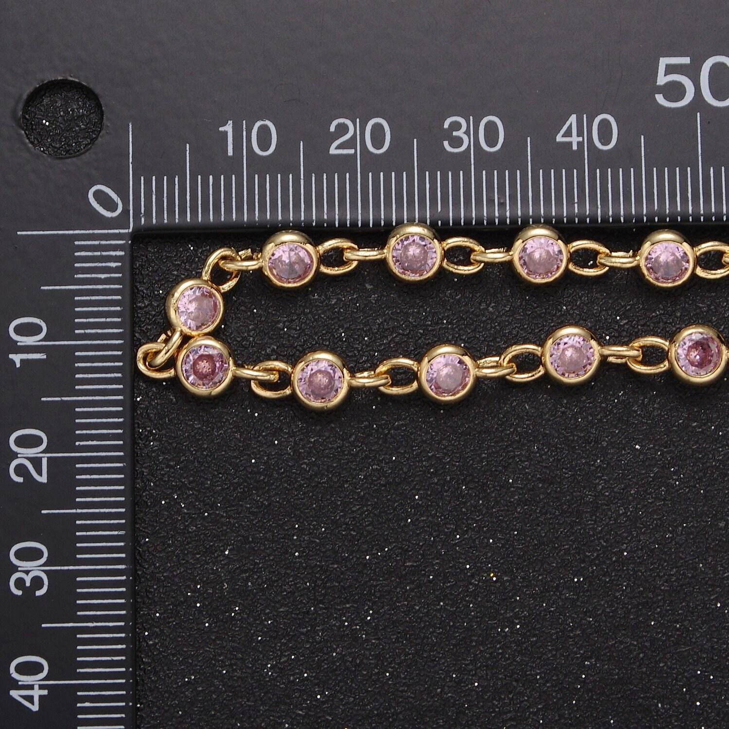 5mm round bezel unsoldered cut cubic zirconia cz beaded chain by yard gold filled bezel connector | roll-743, -744, -745, -746, -772