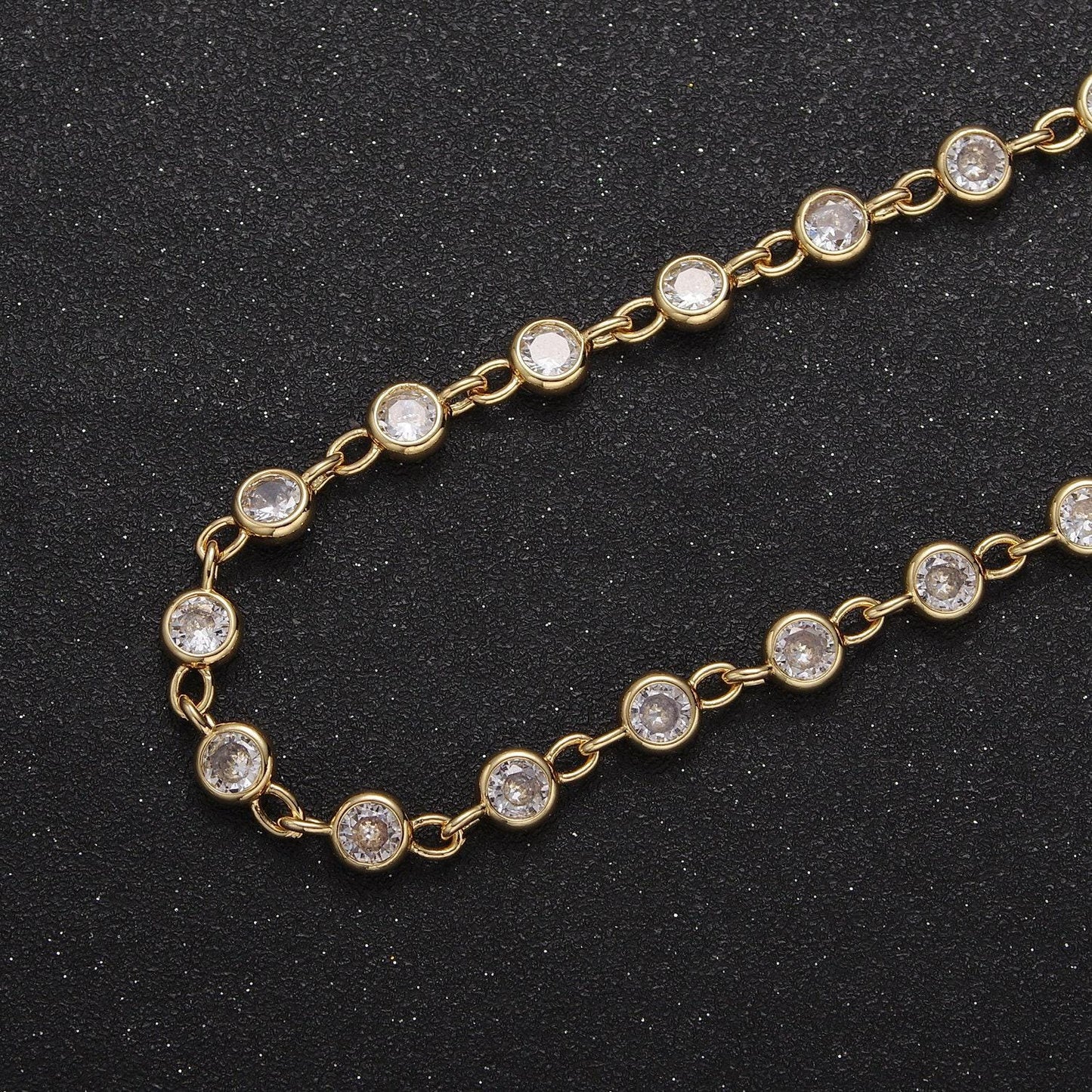 6mm round bezel unsoldered cut cubic zirconia cz beaded chain gold filled bezel connector beads | roll-739, -740, -741, -742, -771