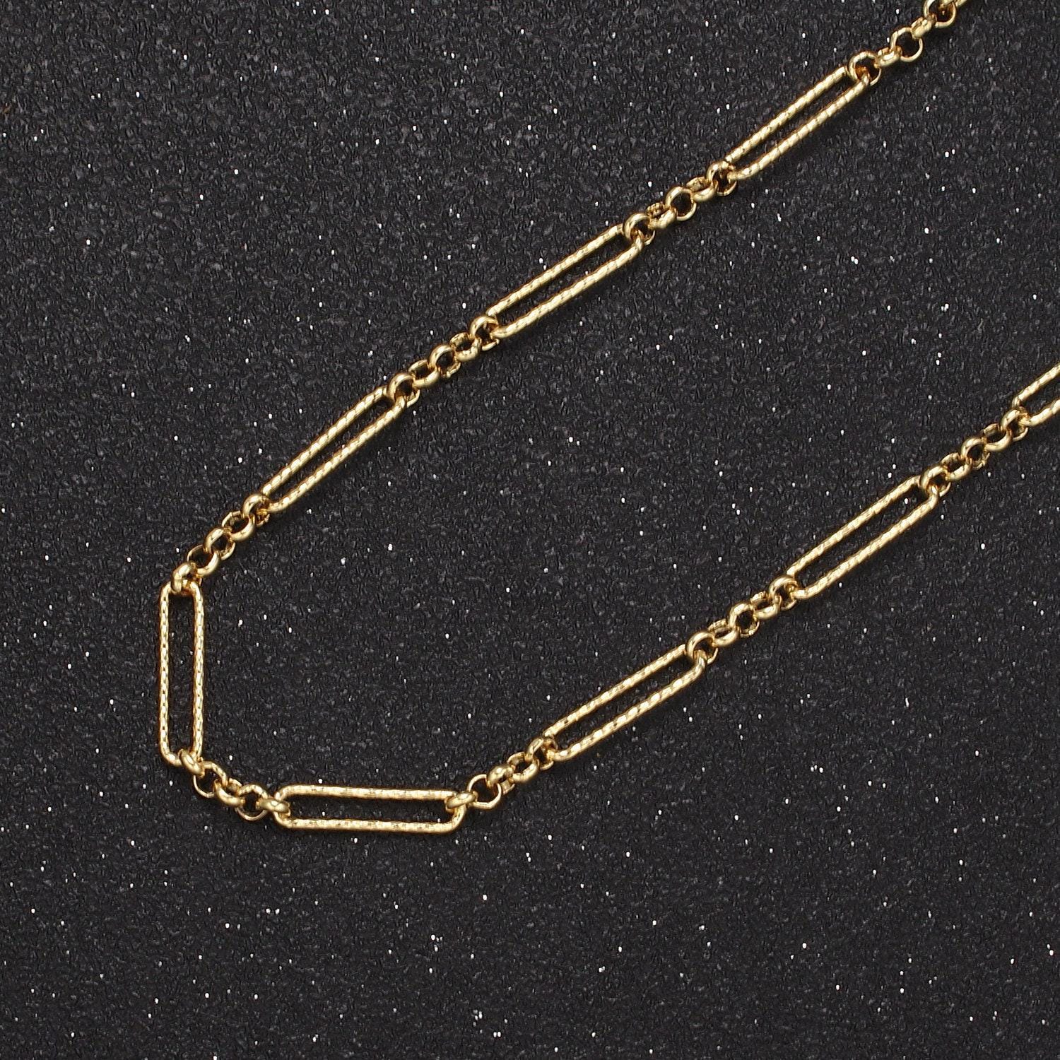 24k gold filled sunburst paper clip chain, paperclip width 3mm chain with rolo link, wholesale bulk roll chain for jewelry making, 655