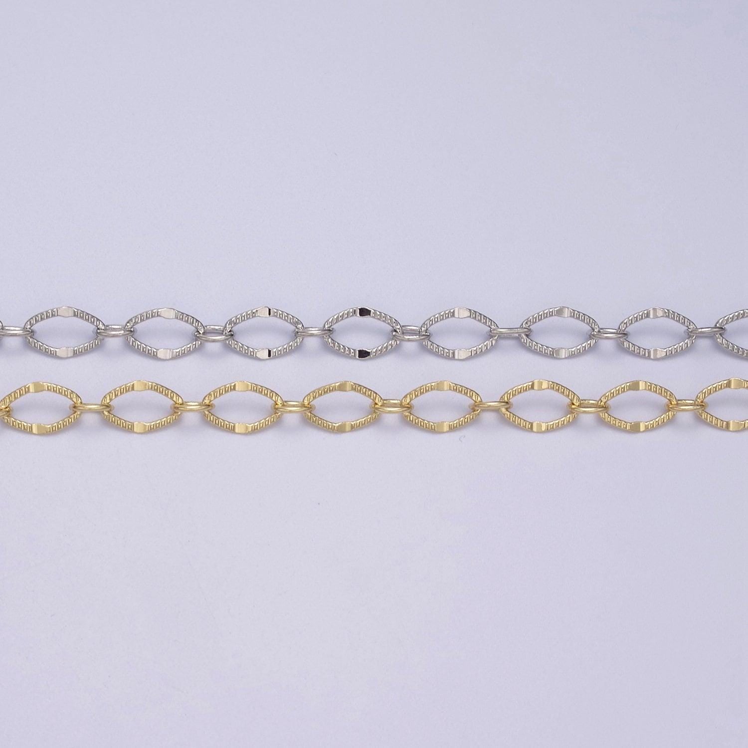 Gold oval rombust chain by yard, sunburst stamp oval link, wholesale bulk roll chain for jewelry making, width 5.9mm, 596-597
