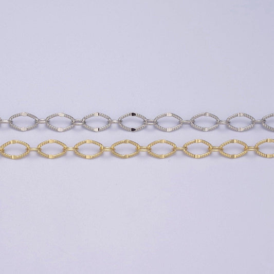 Gold oval rombust chain by yard, sunburst stamp oval link, wholesale bulk roll chain for jewelry making, width 5.9mm, 596-597