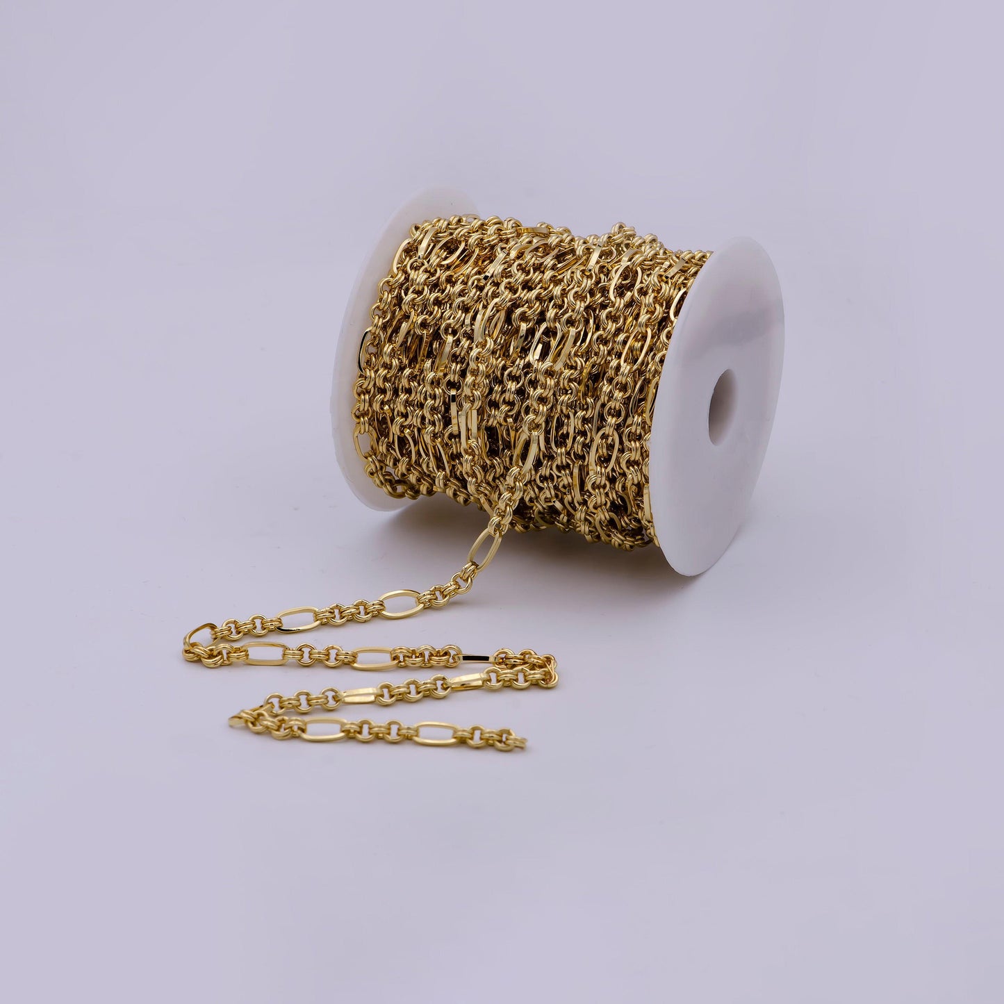 Gold rolo stadium cable paperclip chain by yard, link cable rolo elongate chain wholesale bulk roll chain for jewelry making,573