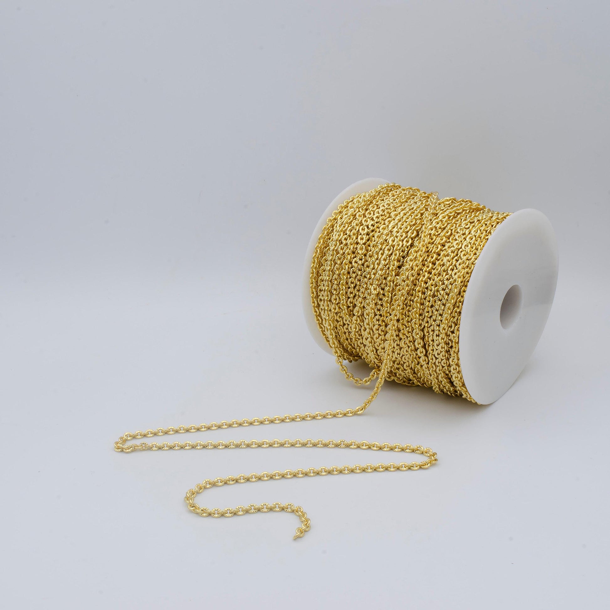 14k gold oval rolo chain by yard, sunburst stamp oval link, wholesale bulk roll chain for jewelry making, width 3.7mm, 469