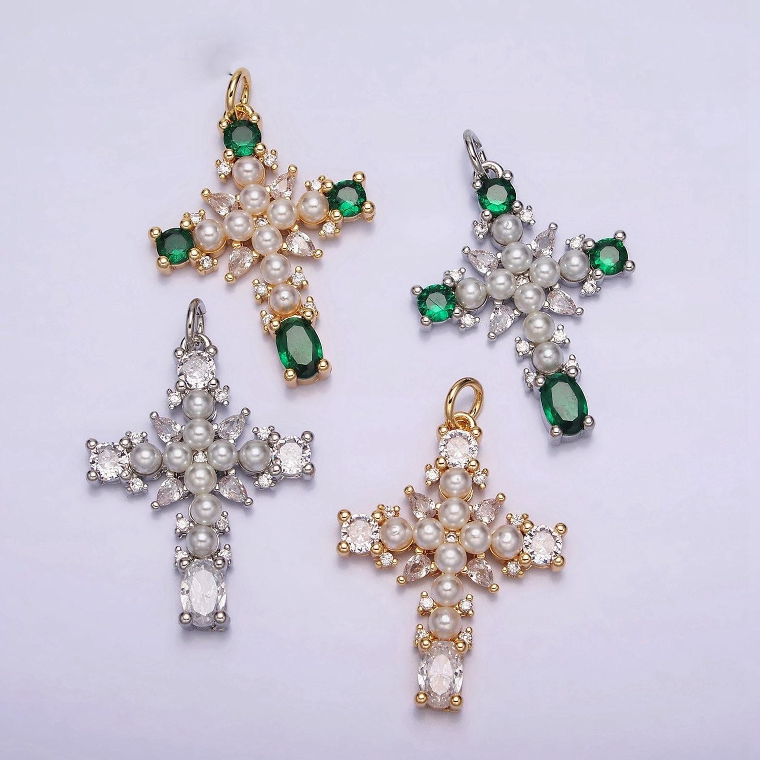 Dainty 16k gold filled emerald green, clear cz stone pearl teardrop religious cross charm in gold & silver pendant | ac1416 - ac1419