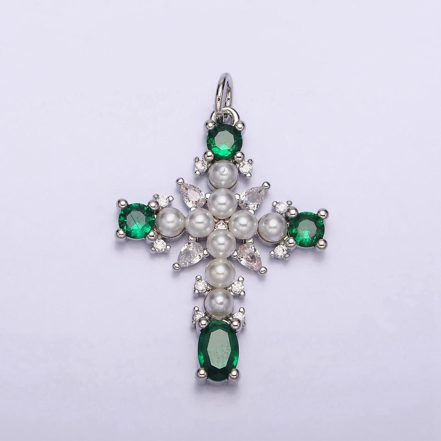 Dainty 16k gold filled emerald green, clear cz stone pearl teardrop religious cross charm in gold & silver pendant | ac1416 - ac1419