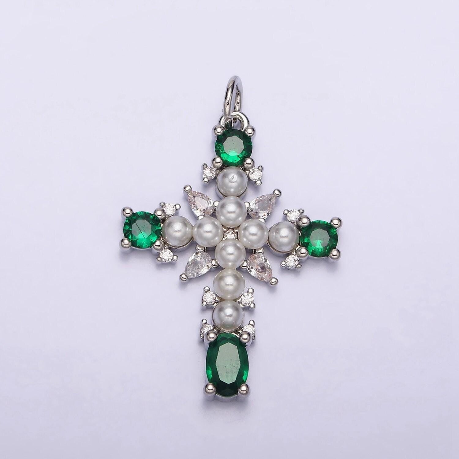 Dainty 16k gold filled emerald green, clear cz stone pearl teardrop religious cross charm in gold & silver pendant | ac1416 - ac1419