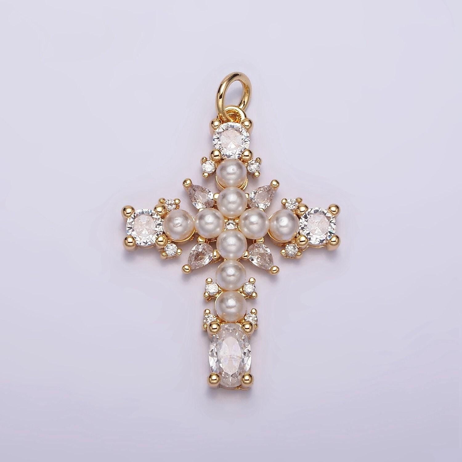Dainty 16k gold filled emerald green, clear cz stone pearl teardrop religious cross charm in gold & silver pendant | ac1416 - ac1419
