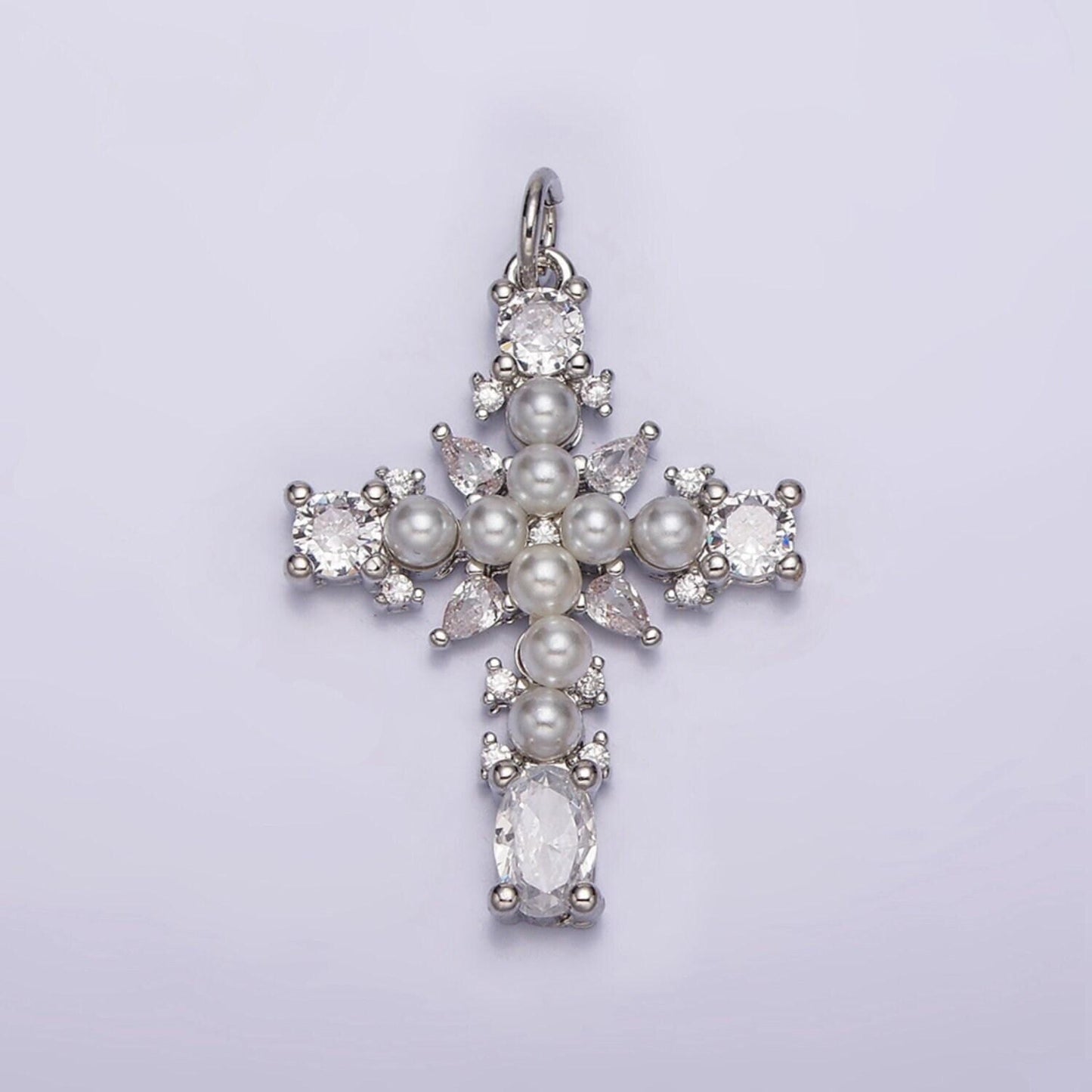 Dainty 16k gold filled emerald green, clear cz stone pearl teardrop religious cross charm in gold & silver pendant | ac1416 - ac1419