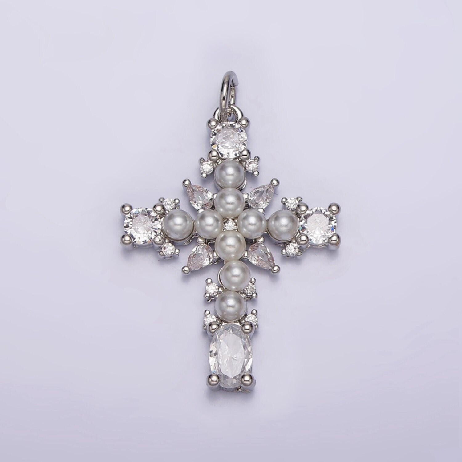 Dainty 16k gold filled emerald green, clear cz stone pearl teardrop religious cross charm in gold & silver pendant | ac1416 - ac1419