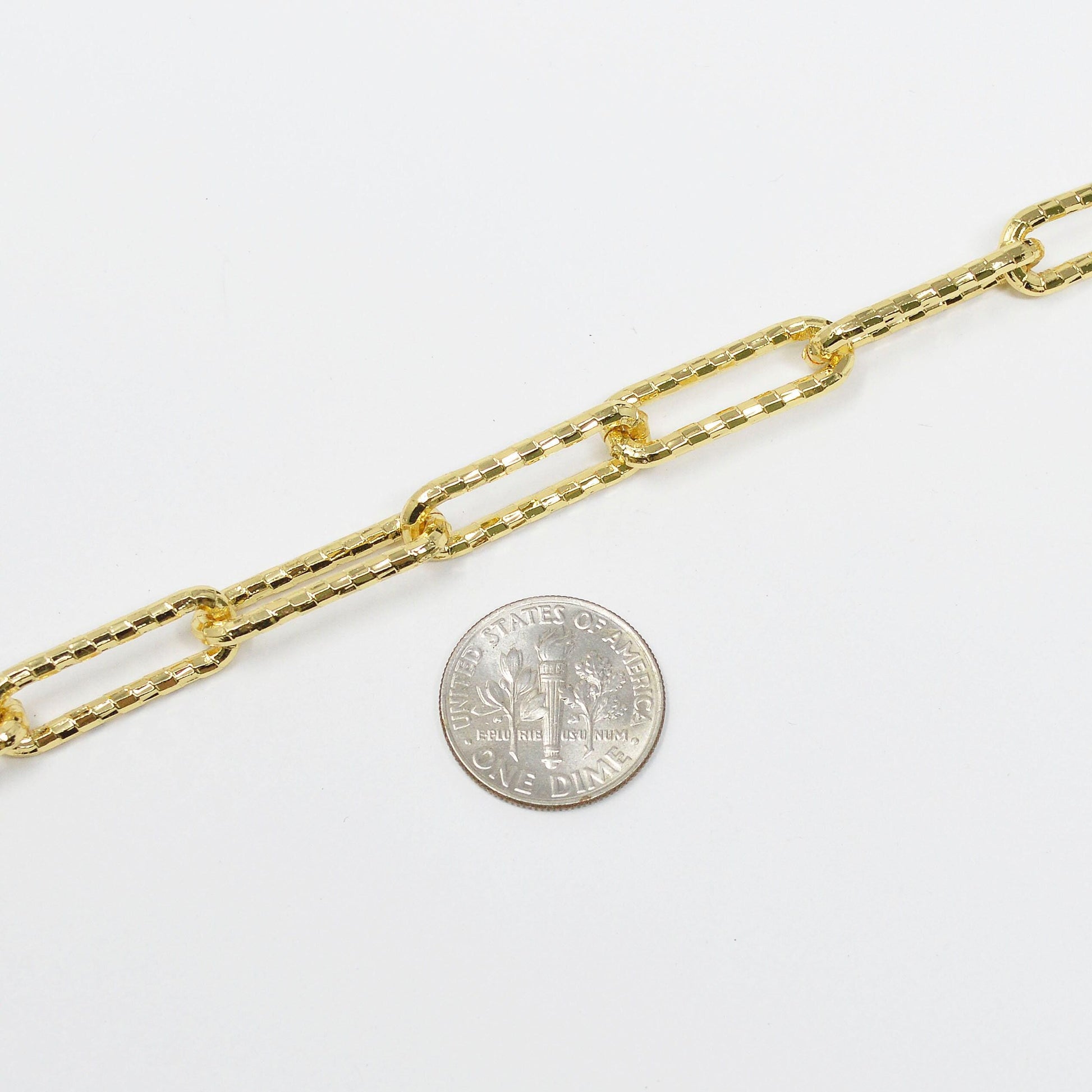 Woven embosed 24k gold plated rolo cable paperclip chain by yard, link cable bold elongate chain, fancy wholesale bulk roll chain, 425