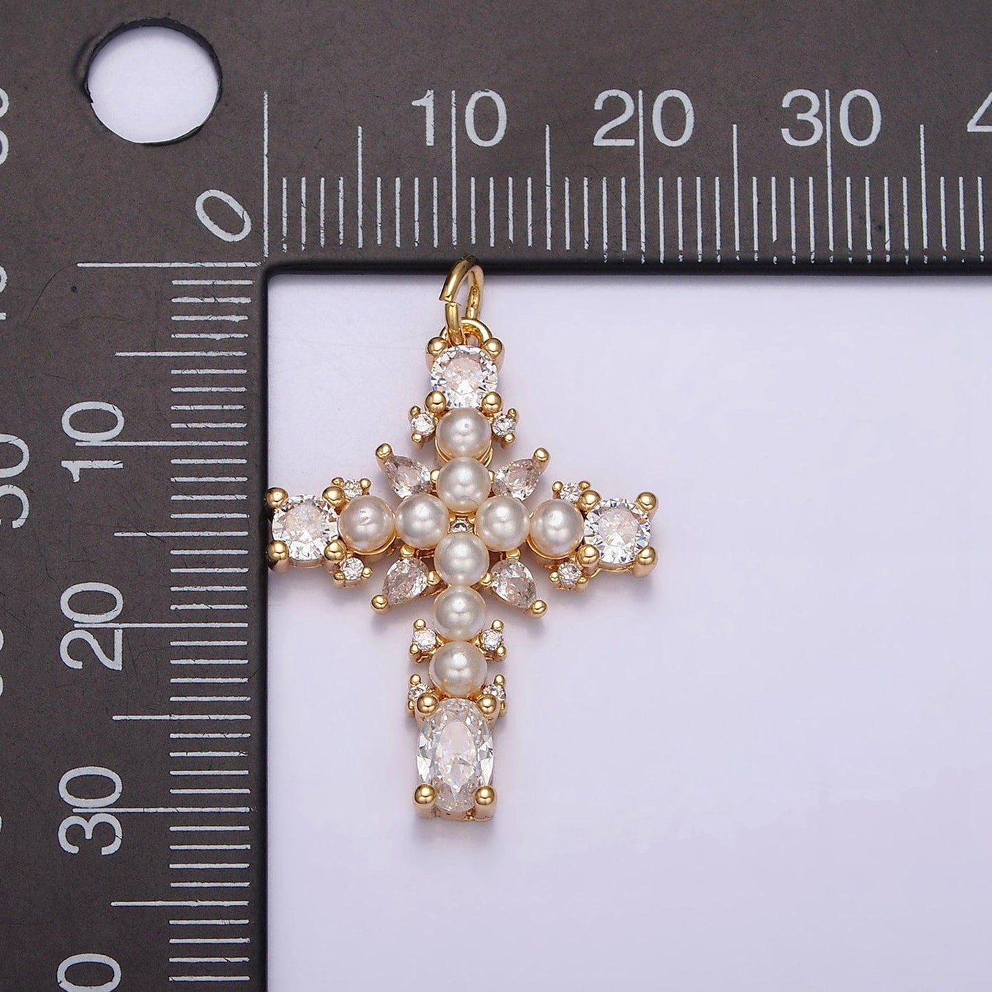 Dainty 16k gold filled emerald green, clear cz stone pearl teardrop religious cross charm in gold & silver pendant | ac1416 - ac1419