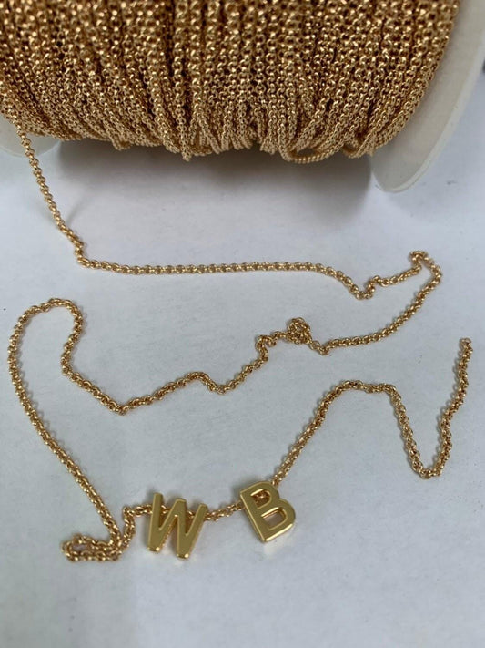 Gold rolo cable chain by yard, box link chain, wholesale bulk roll chain for jewelry making, width 1.5mm,roll- 414